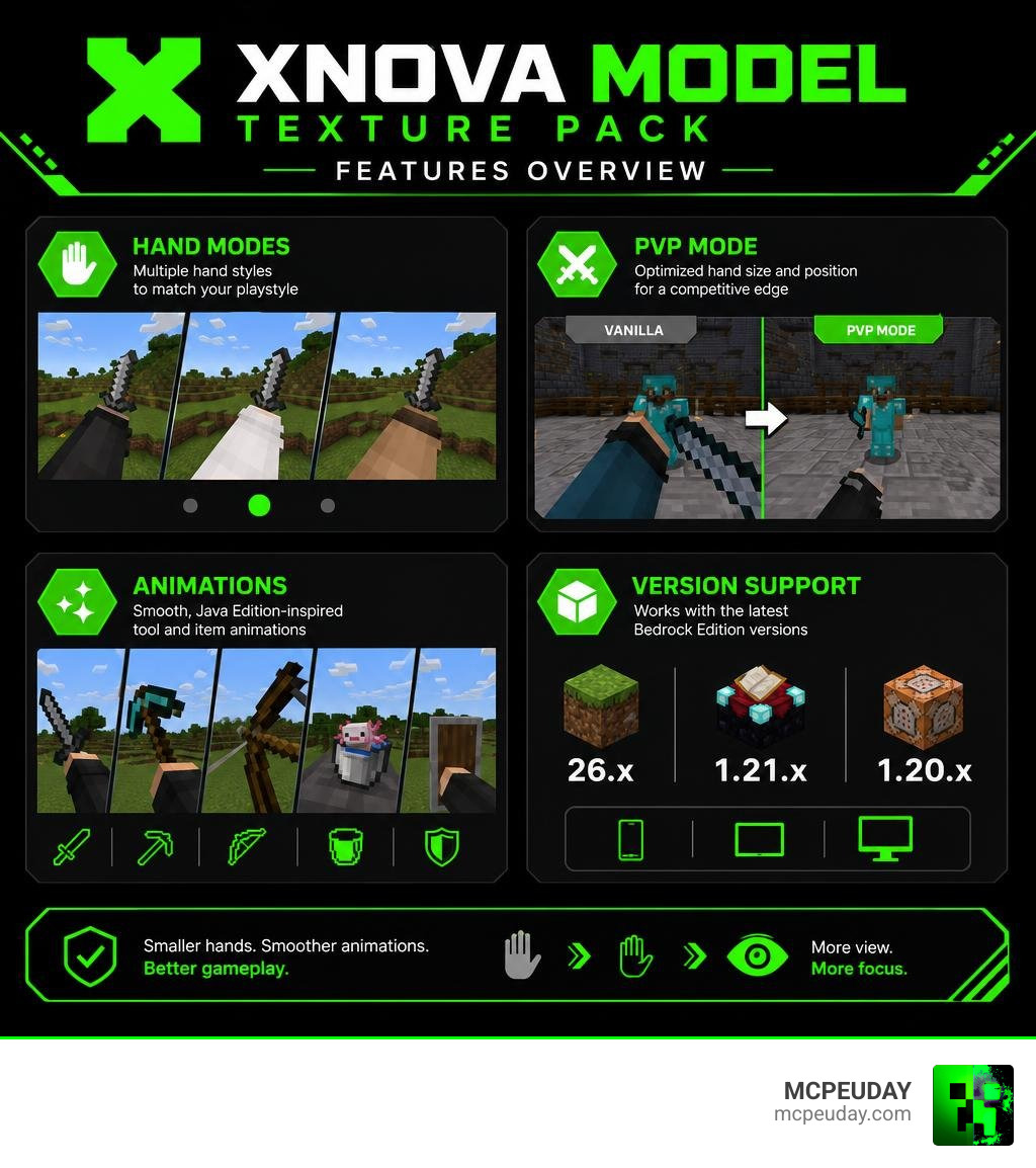 Xnova Model Texture Pack features overview infographic showing hand modes, PvP mode, animations, and version support