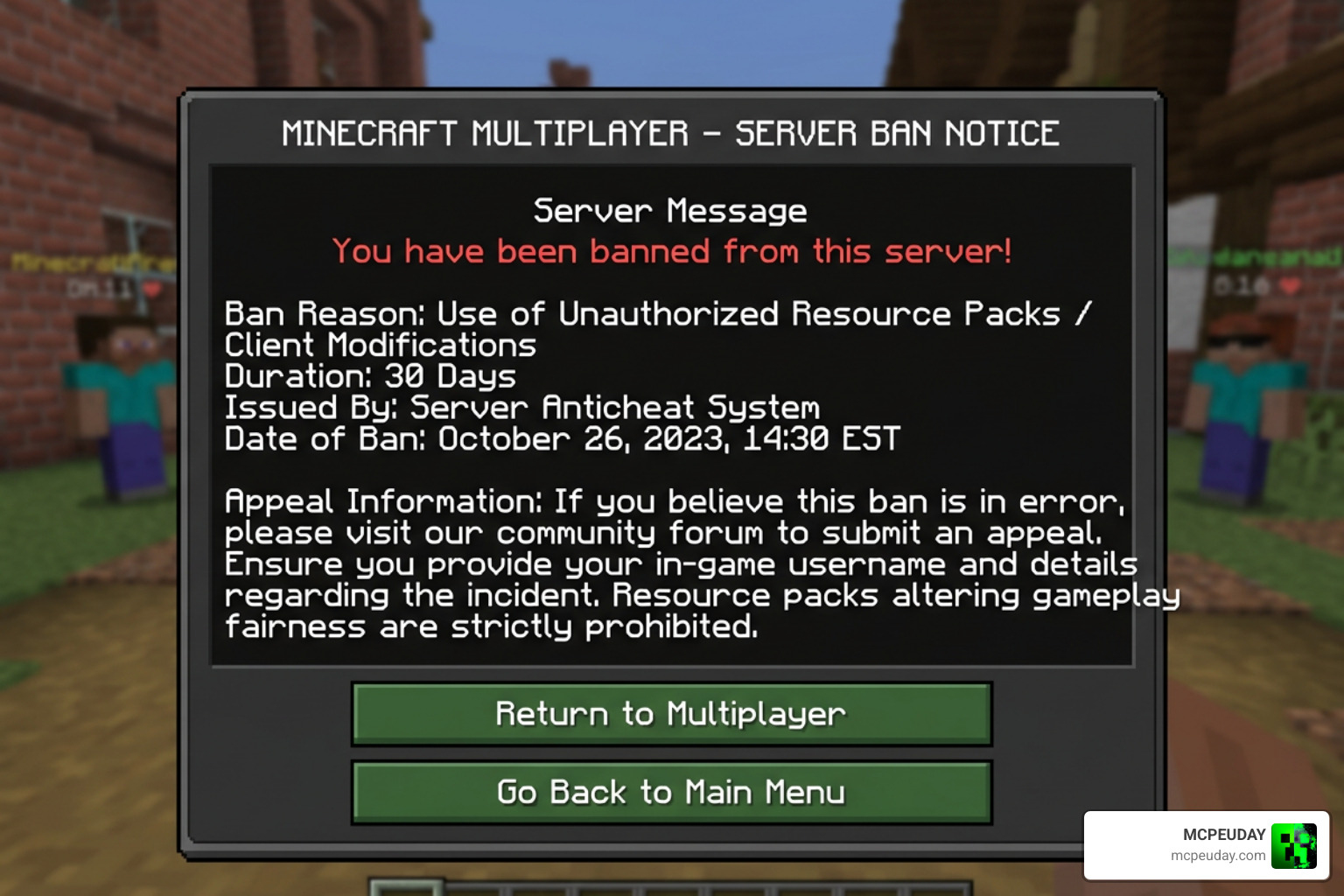 Warning message screen indicating multiplayer server guidelines and resource pack rules