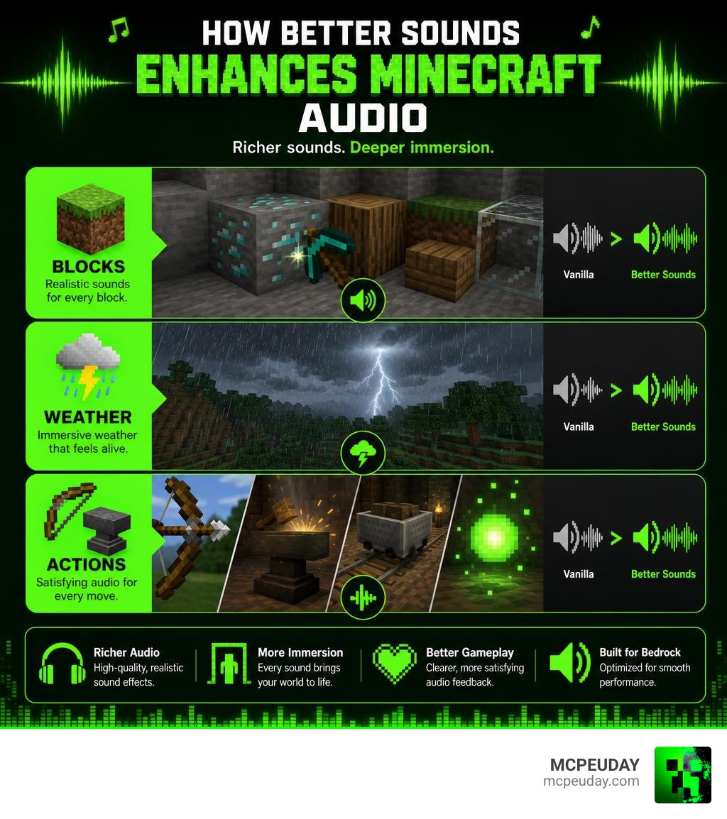 Infographic showing how Better Sounds Resource Pack improves Minecraft audio across blocks, weather, and actions infographic