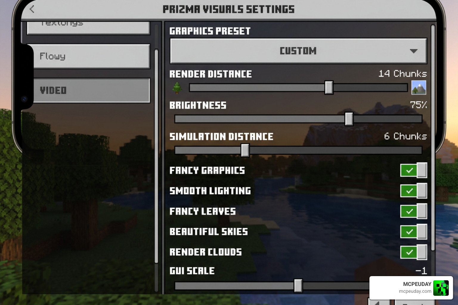 Prizma Visuals performance and settings menu on a mobile device