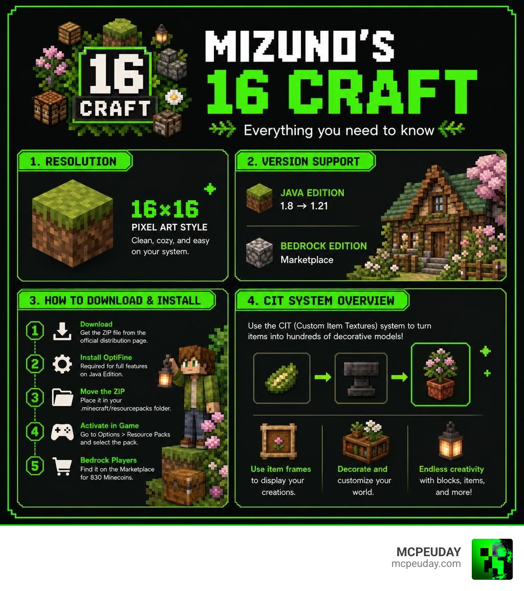 Infographic showing Mizuno's 16 Craft resolution, version support, download steps, and CIT system overview infographic