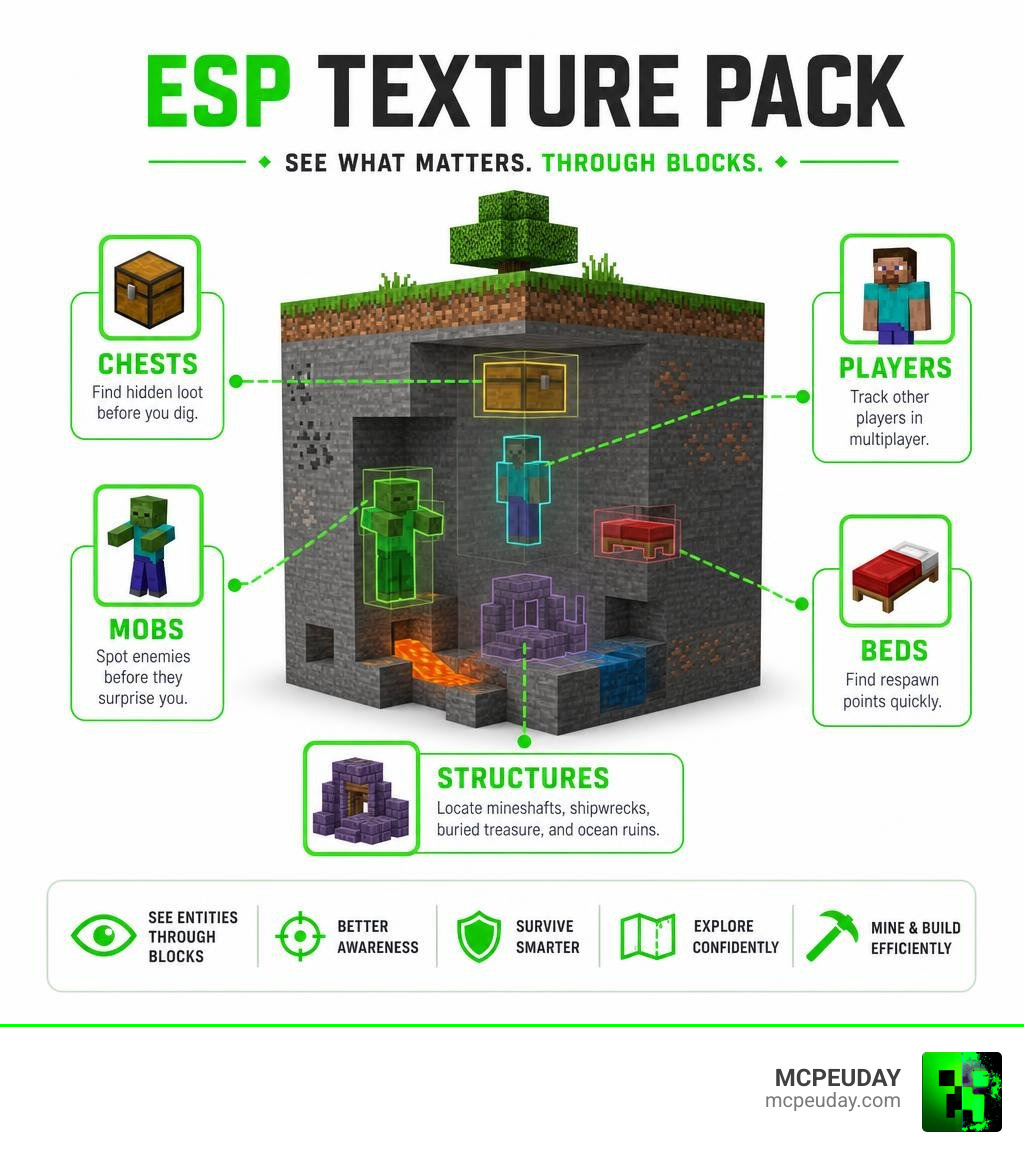 Infographic showing ESP Texture Pack features: chest, mob, player, bed, and structure detection through blocks infographic