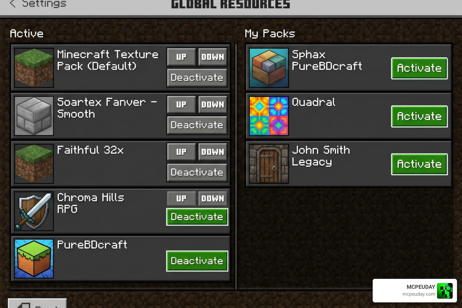Minecraft global resources settings screen showing active resource packs Minecraft global resources settings screen showing active resource packs