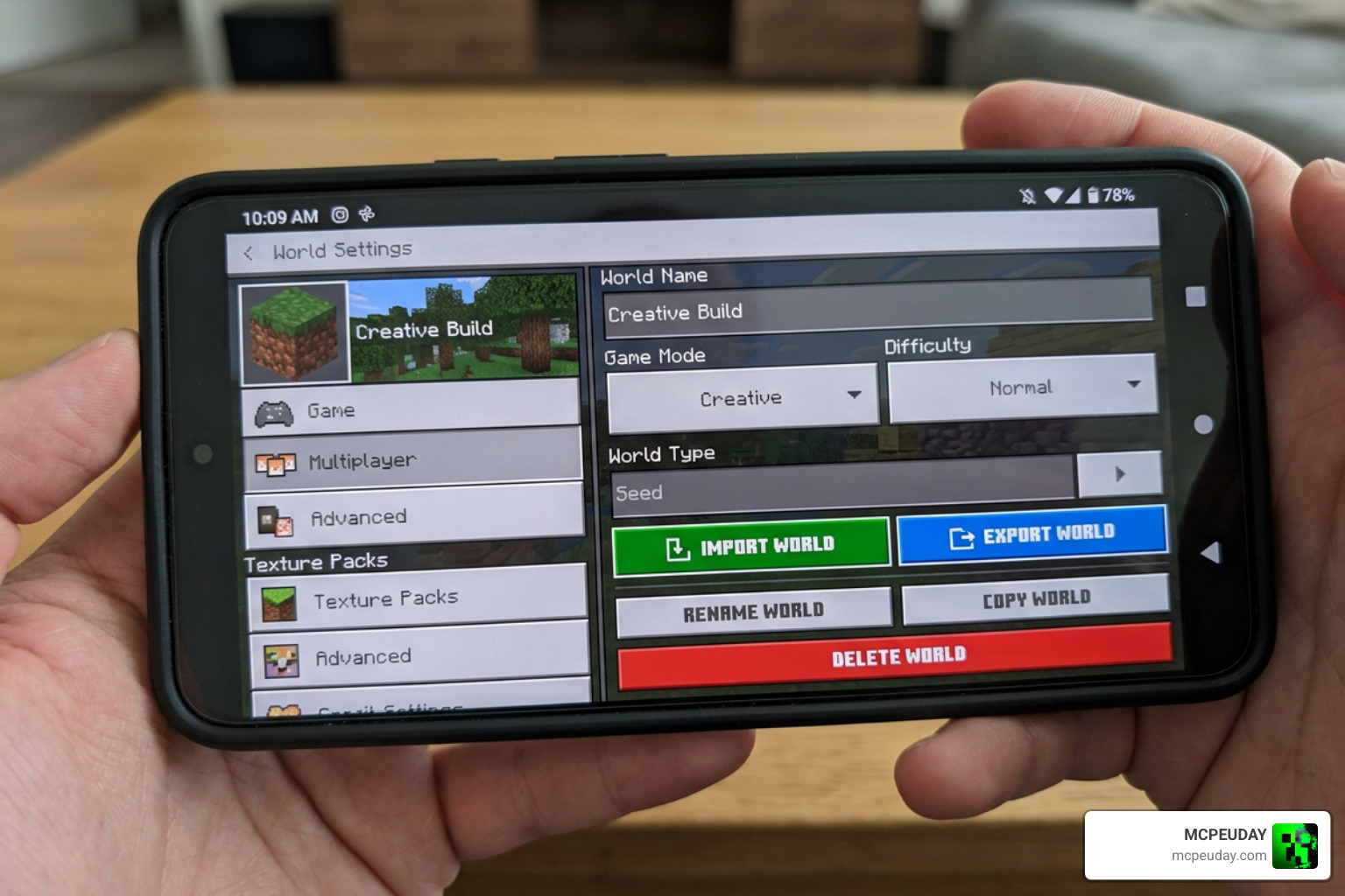 Hidden import and export buttons revealed in world settings