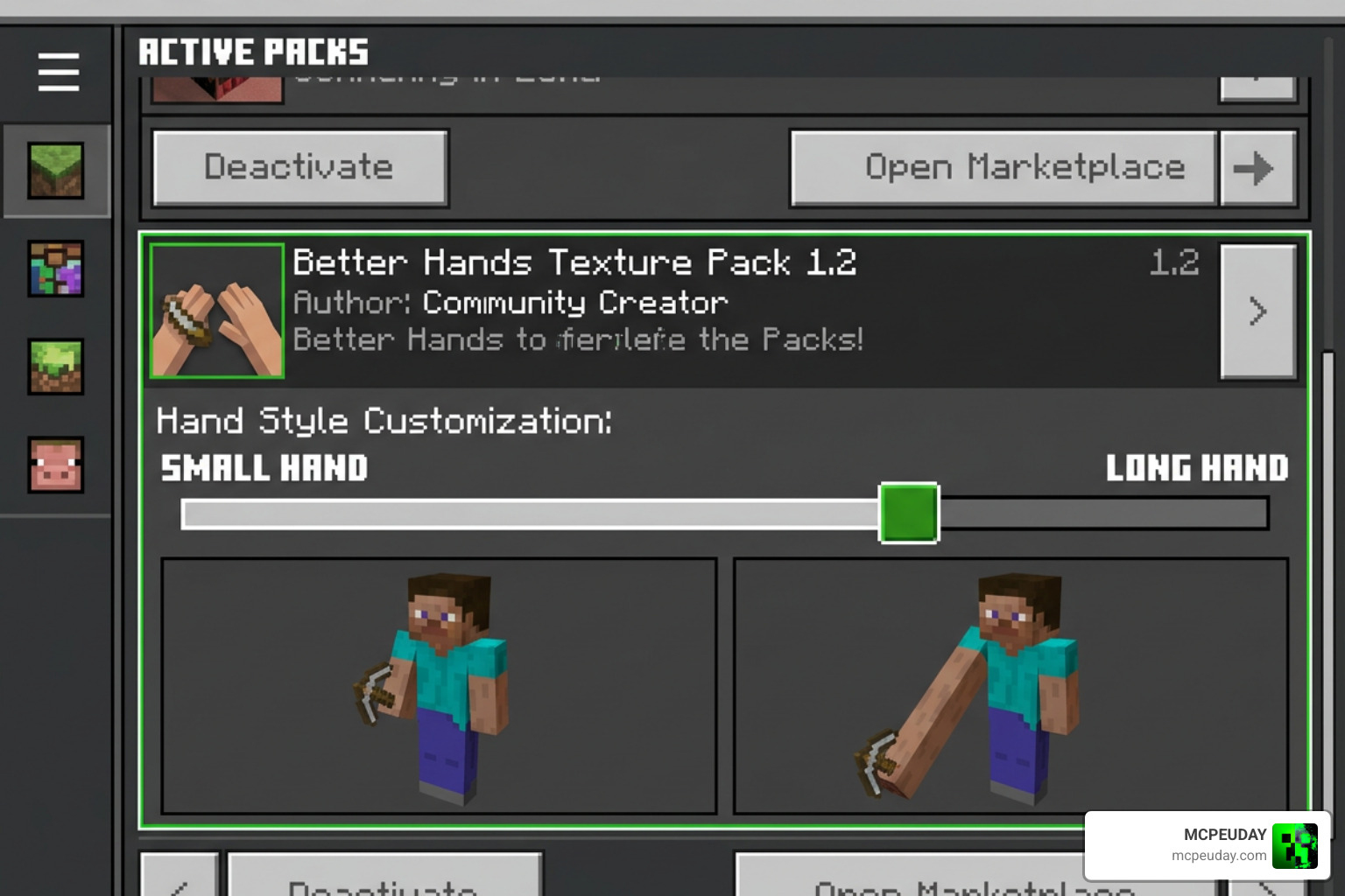 Better Hands Texture Pack in-game customization slider interface Better Hands Texture Pack in-game customization slider interface