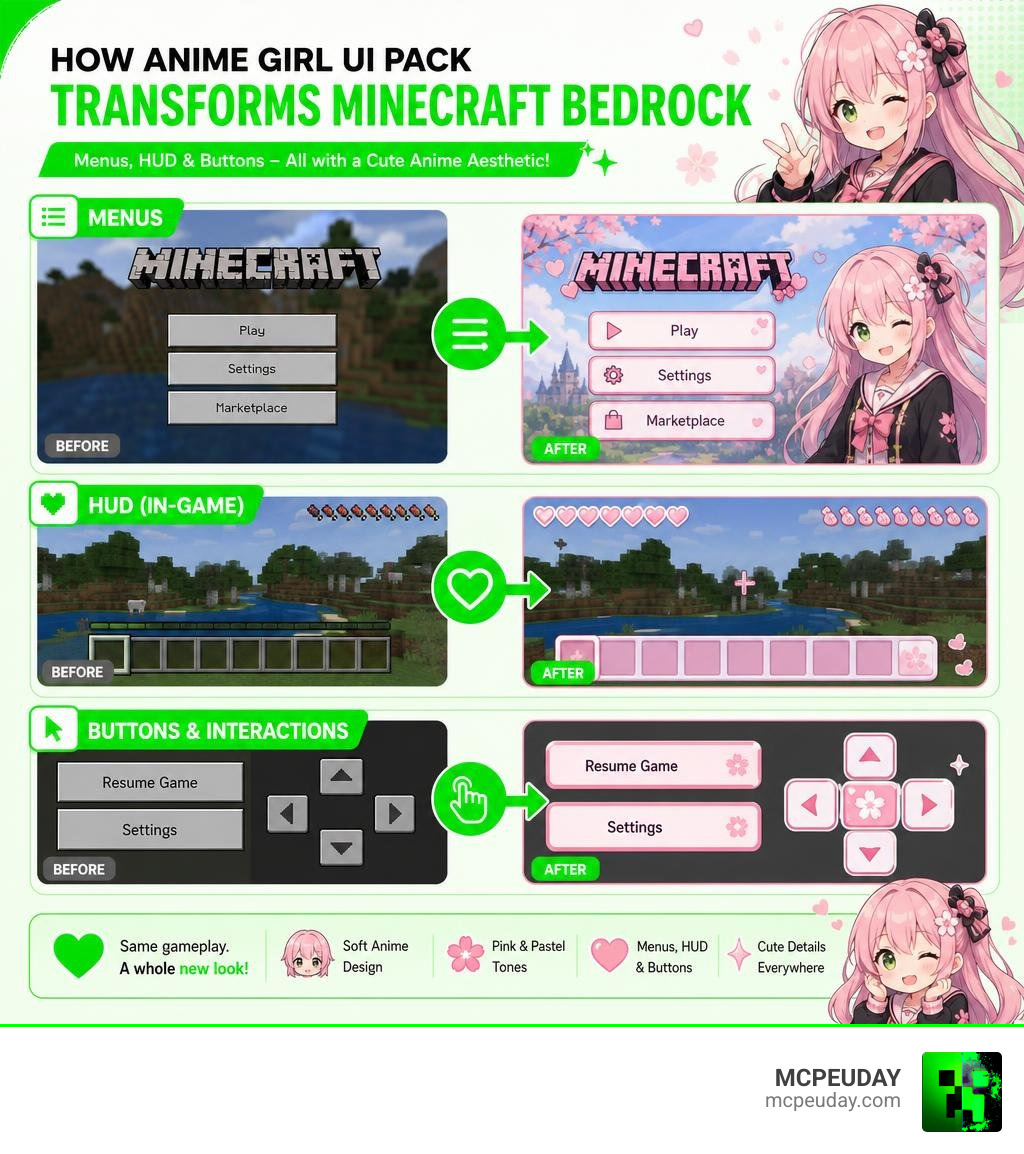 Infographic showing how the Anime Girl UI Pack modifies Minecraft Bedrock menus, HUD, and buttons infographic Infographic showing how the Anime Girl UI Pack modifies Minecraft Bedrock menus, HUD, and buttons infographic
