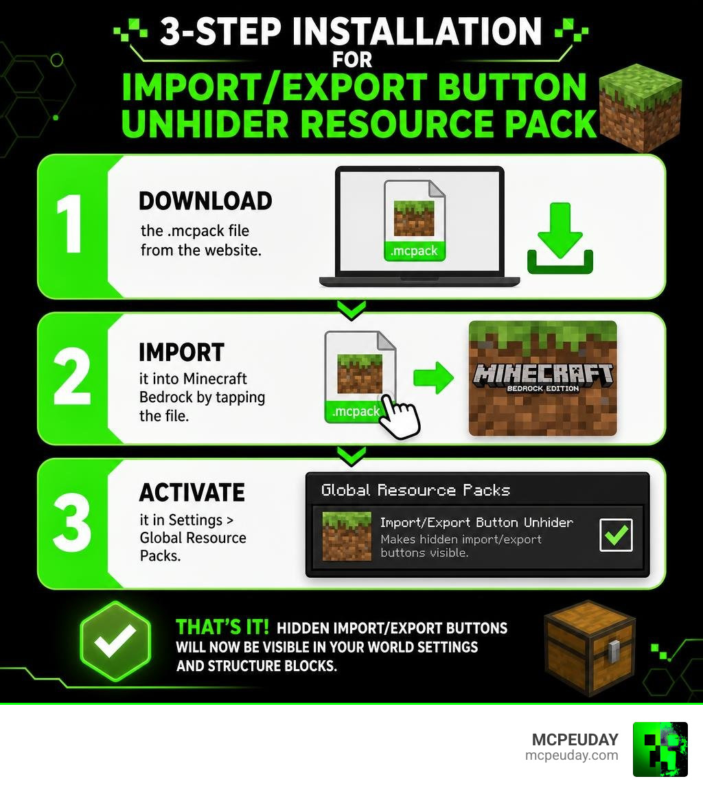 3-step installation process for Import Export Button Unhider Resource Pack infographic infographic