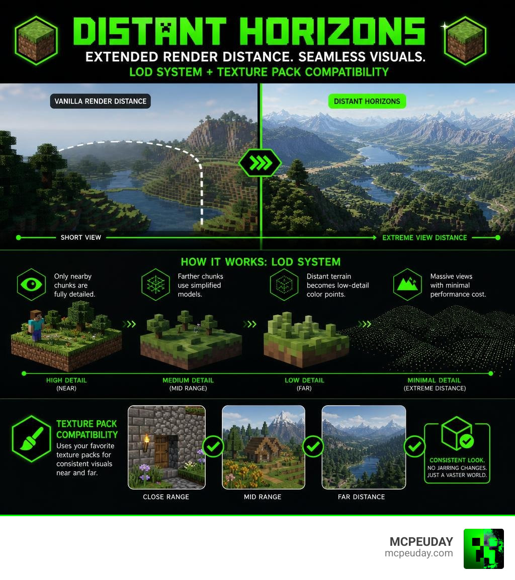 Infographic showing how Distant Horizons extends Minecraft render distance with LOD system and texture pack compatibility Infographic showing how Distant Horizons extends Minecraft render distance with LOD system and texture pack compatibility
