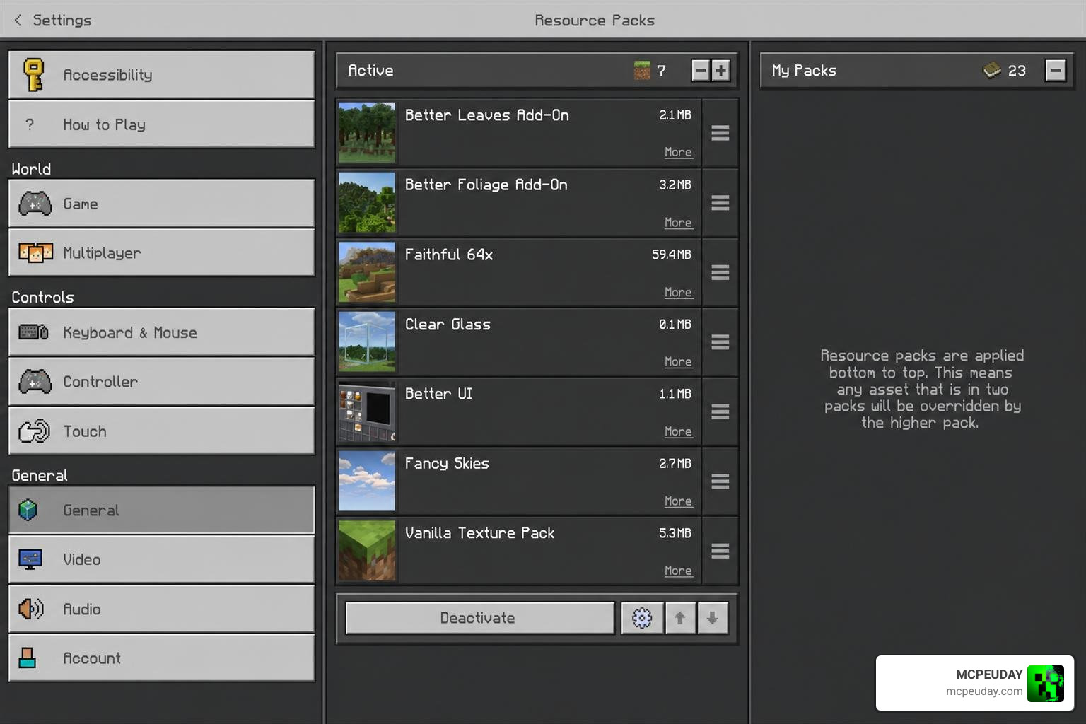 Minecraft Bedrock Resource Pack list showing correct load order structure Minecraft Bedrock Resource Pack list showing correct load order structure