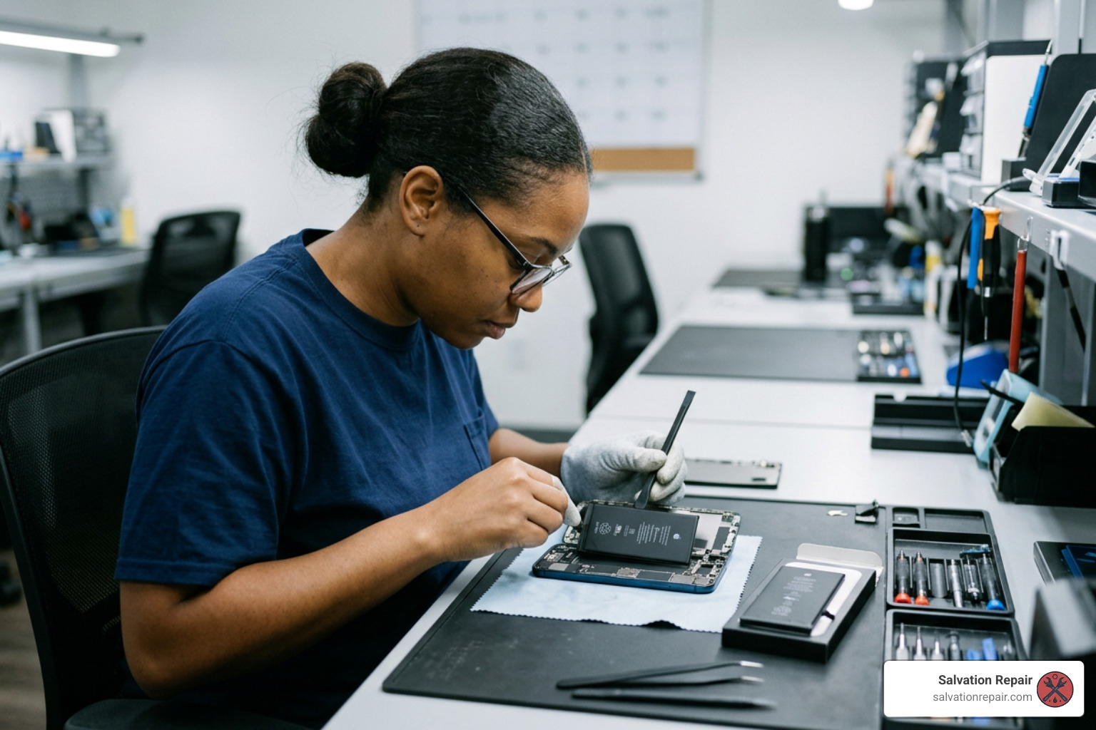 Technician replacing an iPhone battery in a professional repair shop in Laurel MS