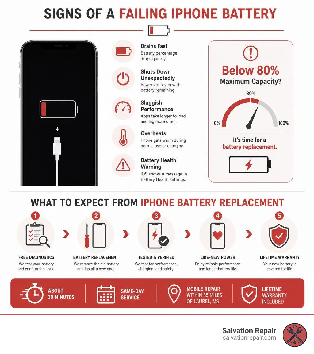 Signs of a failing iPhone battery and what to expect from iPhone battery replacement in Laurel MS infographic