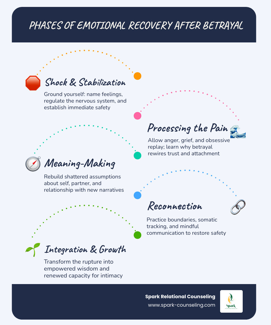 infographic showing phases of emotional recovery after betrayal with amber tones infographic