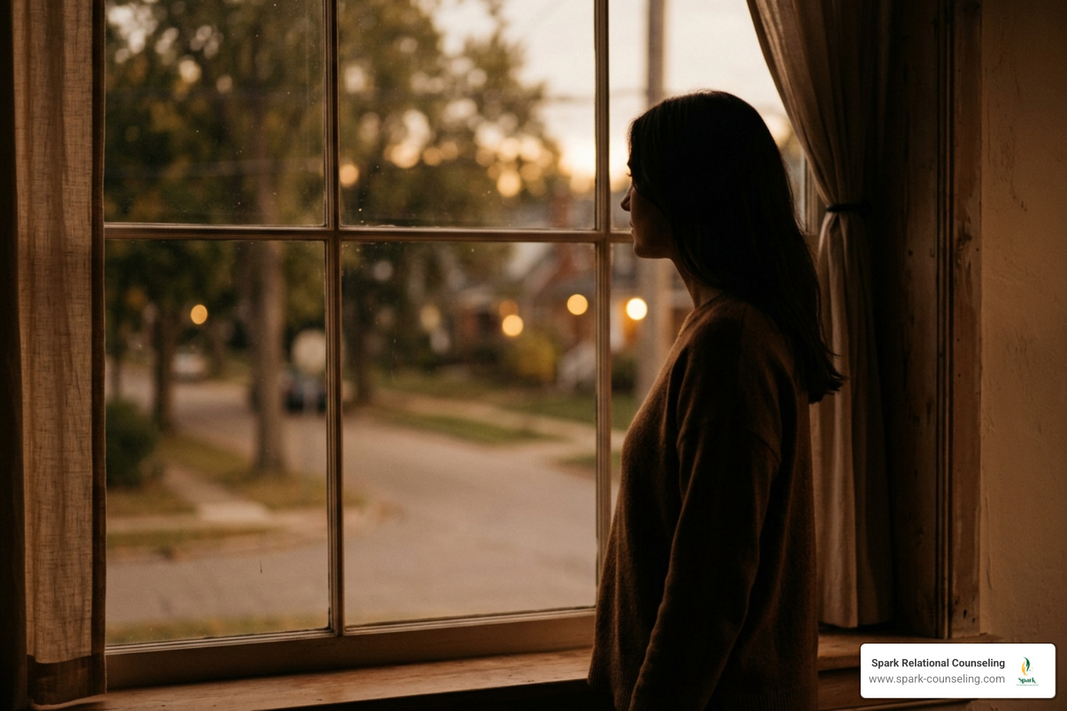 A face-free, minimalistic amber-toned silhouette of a woman looking out a window, reflecting on relational safety A face-free, minimalistic amber-toned silhouette of a woman looking out a window, reflecting on relational safety
