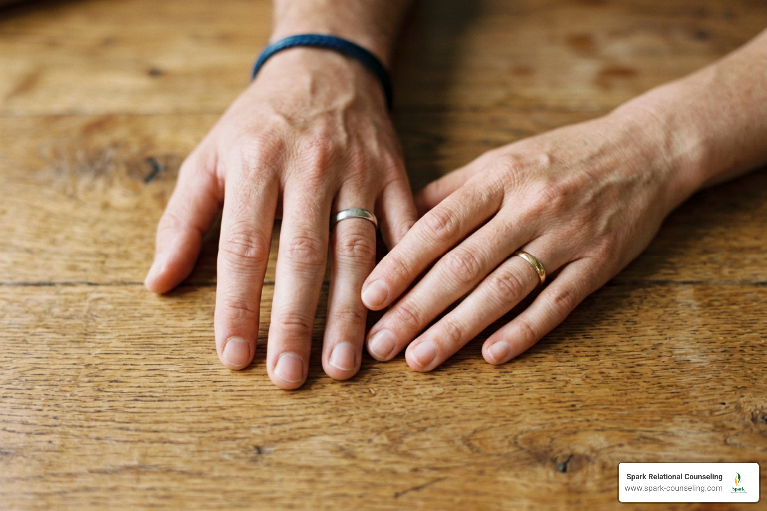 A face-free, close-up image of two hands gently resting near each other on a warm-toned wooden table, representing quiet A face-free, close-up image of two hands gently resting near each other on a warm-toned wooden table, representing quiet