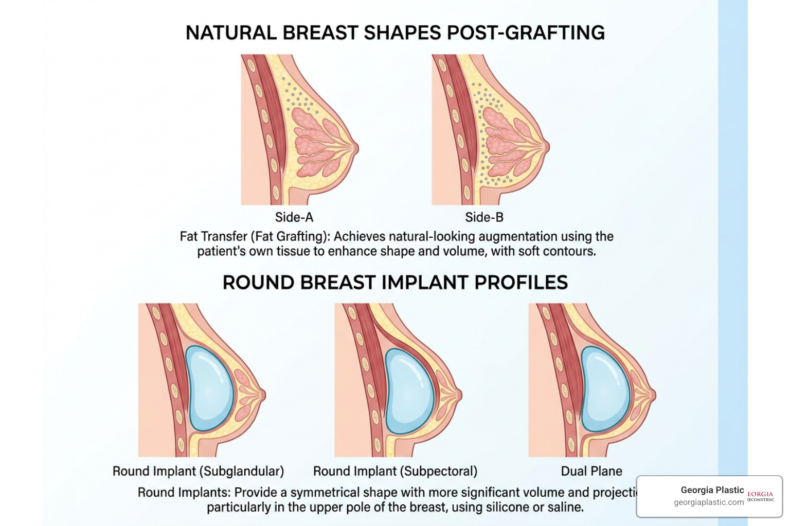 Visual comparison of natural breast shapes post-grafting vs round breast implant profiles Visual comparison of natural breast shapes post-grafting vs round breast implant profiles