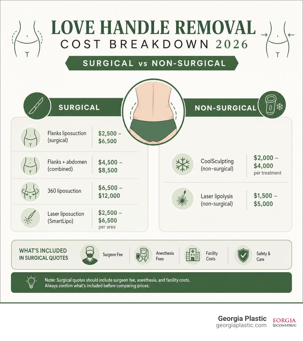 cost breakdown infographic for love handle removal surgical vs non-surgical 2026 infographic