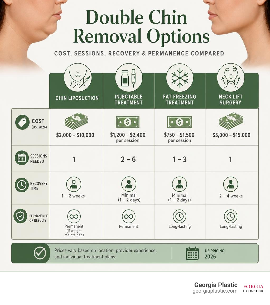 Infographic comparing double chin removal options: cost, sessions, recovery, and permanence infographic