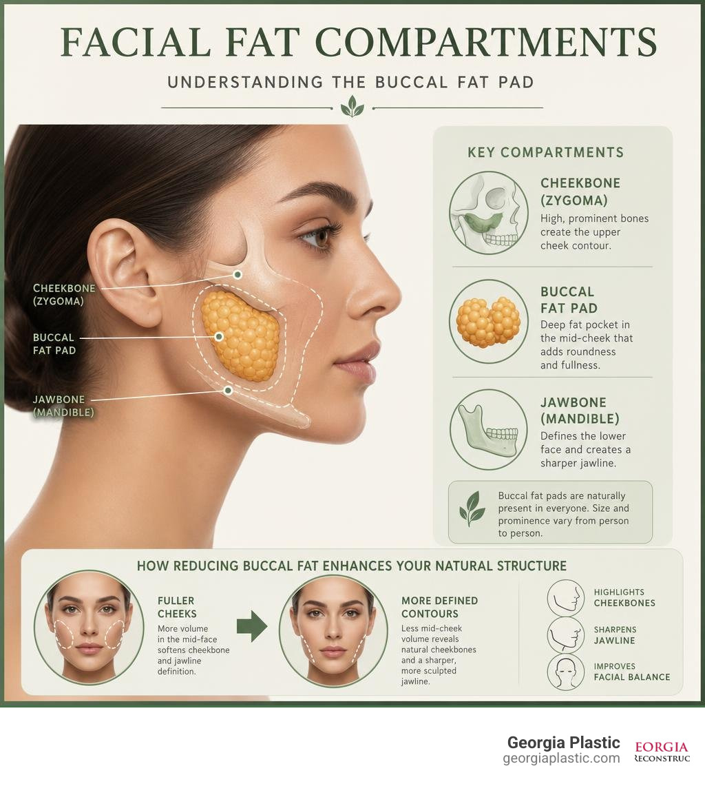 Facial fat compartments infographic showing buccal fat pad location cheekbones and jawline infographic