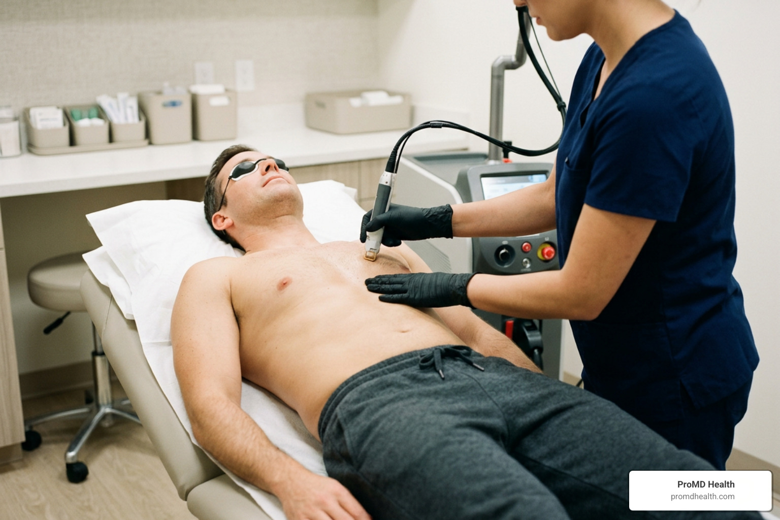 faceless provider treating a male patient's chest area with a laser device faceless provider treating a male patient's chest area with a laser device