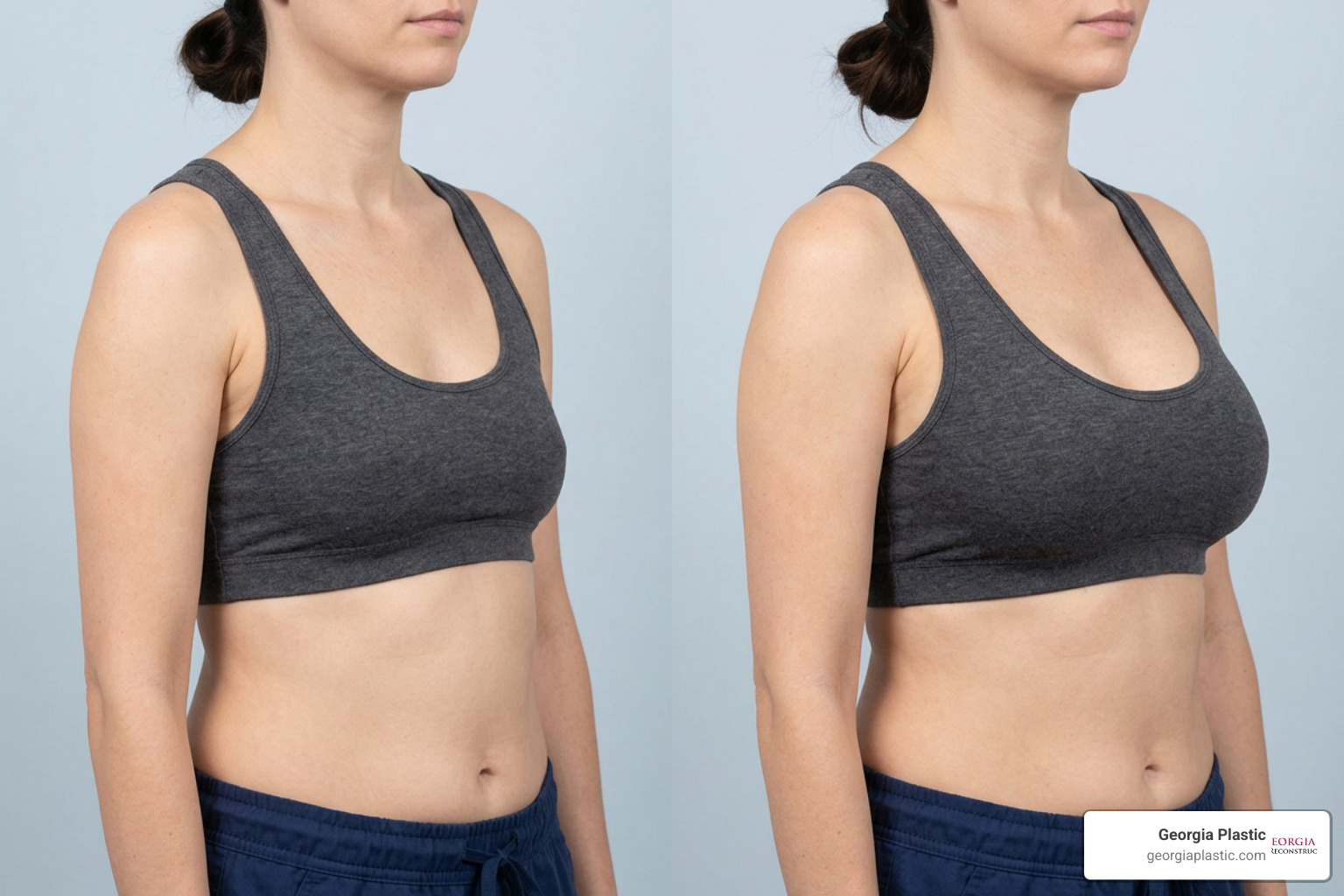 Breast fat transfer before and after showing subtle volume increase and natural contouring Breast fat transfer before and after showing subtle volume increase and natural contouring