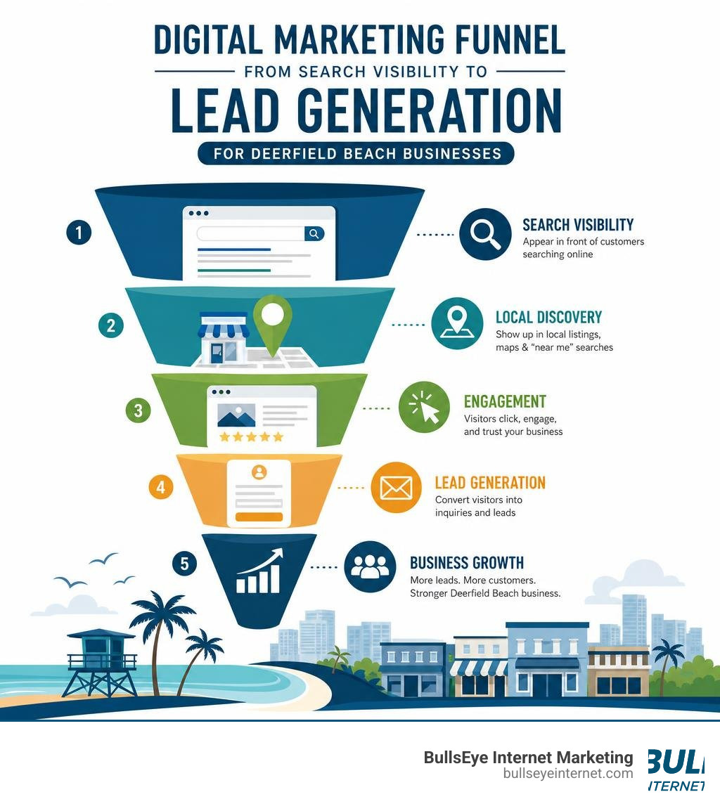 Digital marketing funnel from search visibility to lead generation for Deerfield Beach businesses infographic Digital marketing funnel illustrating lead generation for Deerfield Beach businesses and BullsEye Internet Marketing.