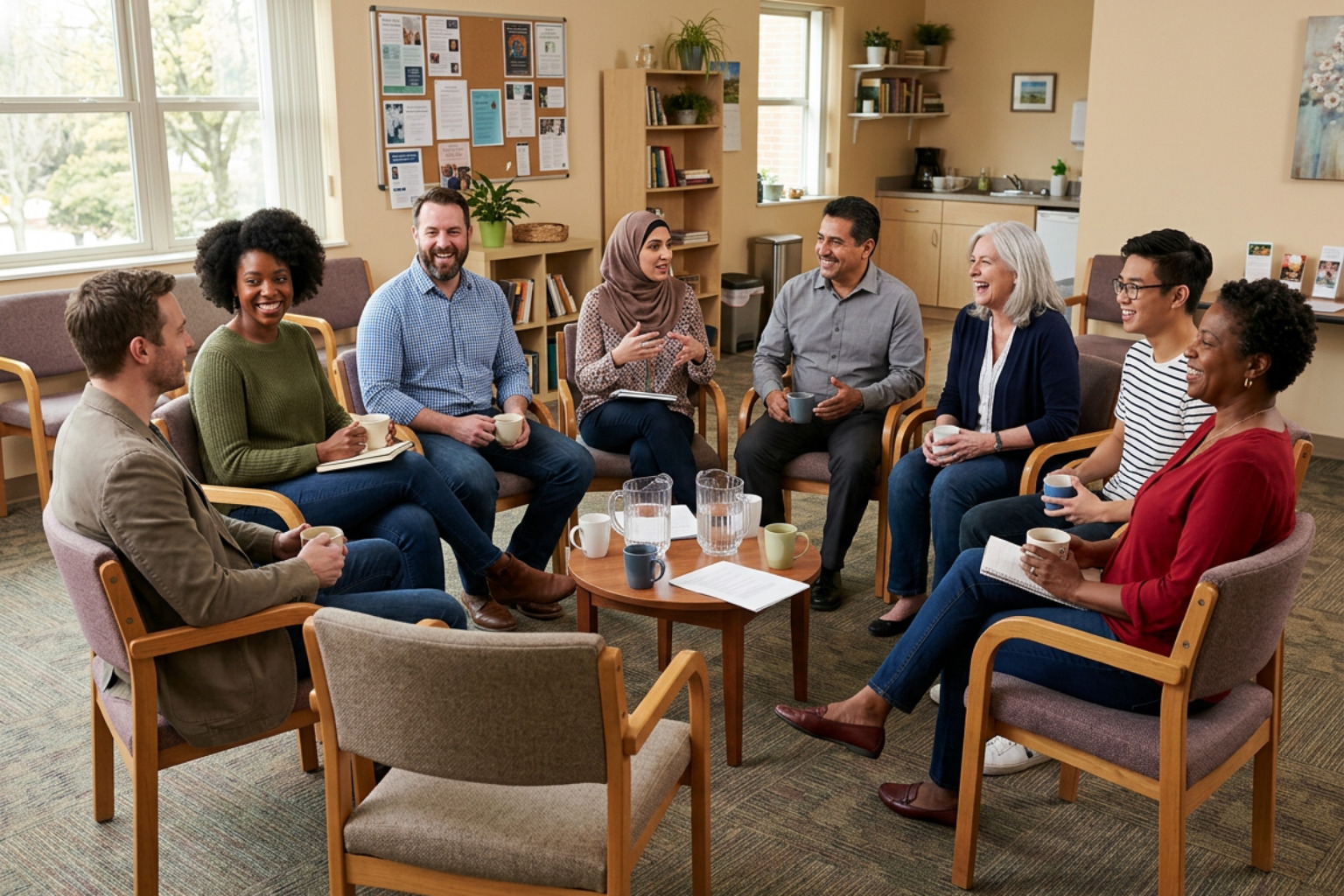 A diverse group of adults sitting in a circle of chairs chatting in a community room