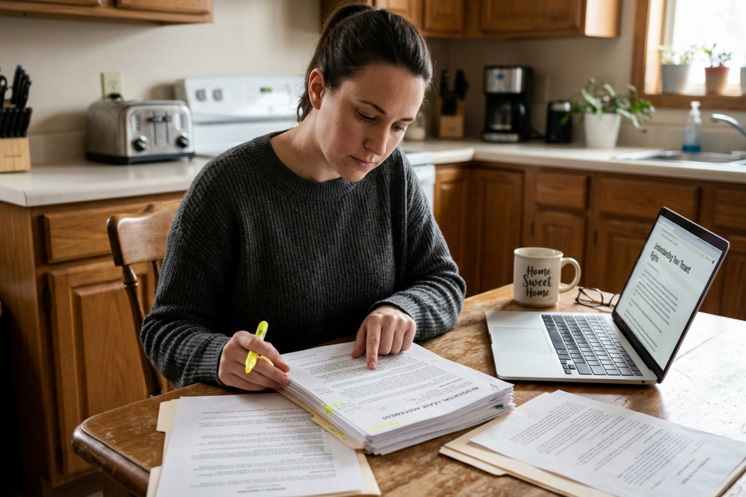 A tenant consulting legal documents in their kitchen
