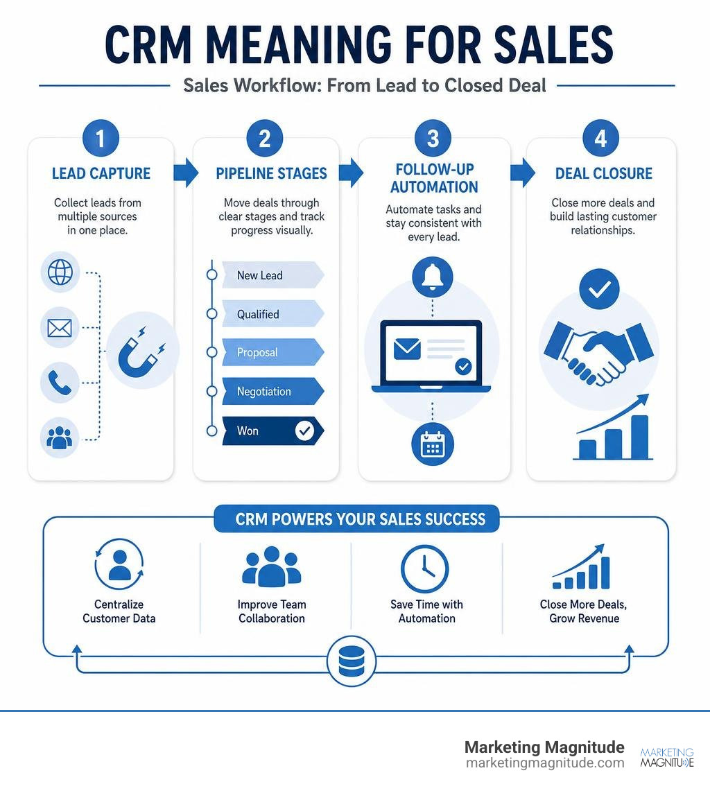 CRM meaning for sales workflow infographic showing lead capture, pipeline stages, follow-up automation, and deal closure CRM meaning for sales workflow infographic showing lead capture, pipeline stages, follow-up automation, and deal closure