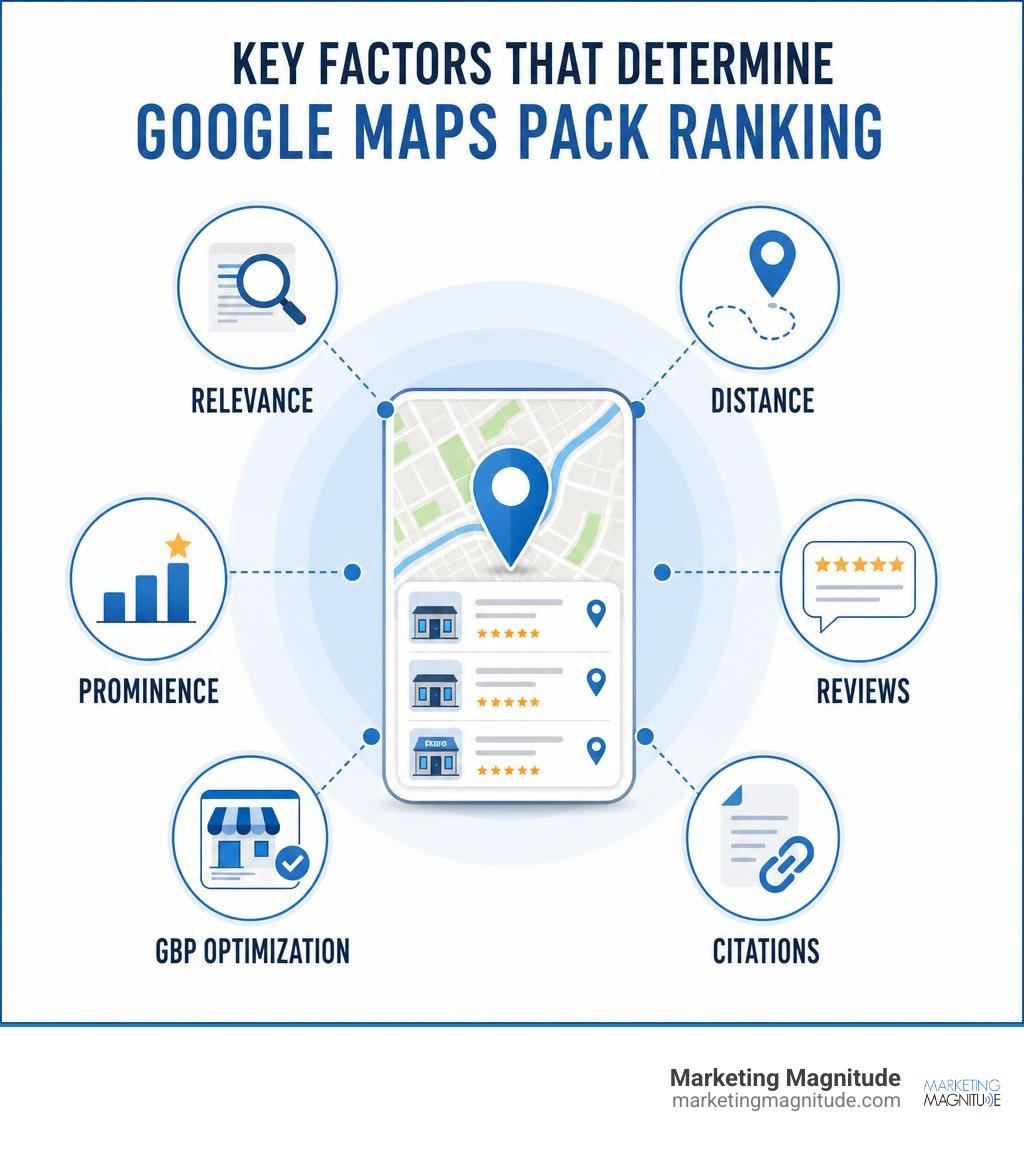 Key factors that determine Google Maps Pack ranking: relevance, distance, prominence, reviews, GBP optimization, citations Key factors that determine Google Maps Pack ranking: relevance, distance, prominence, reviews, GBP optimization, citations
