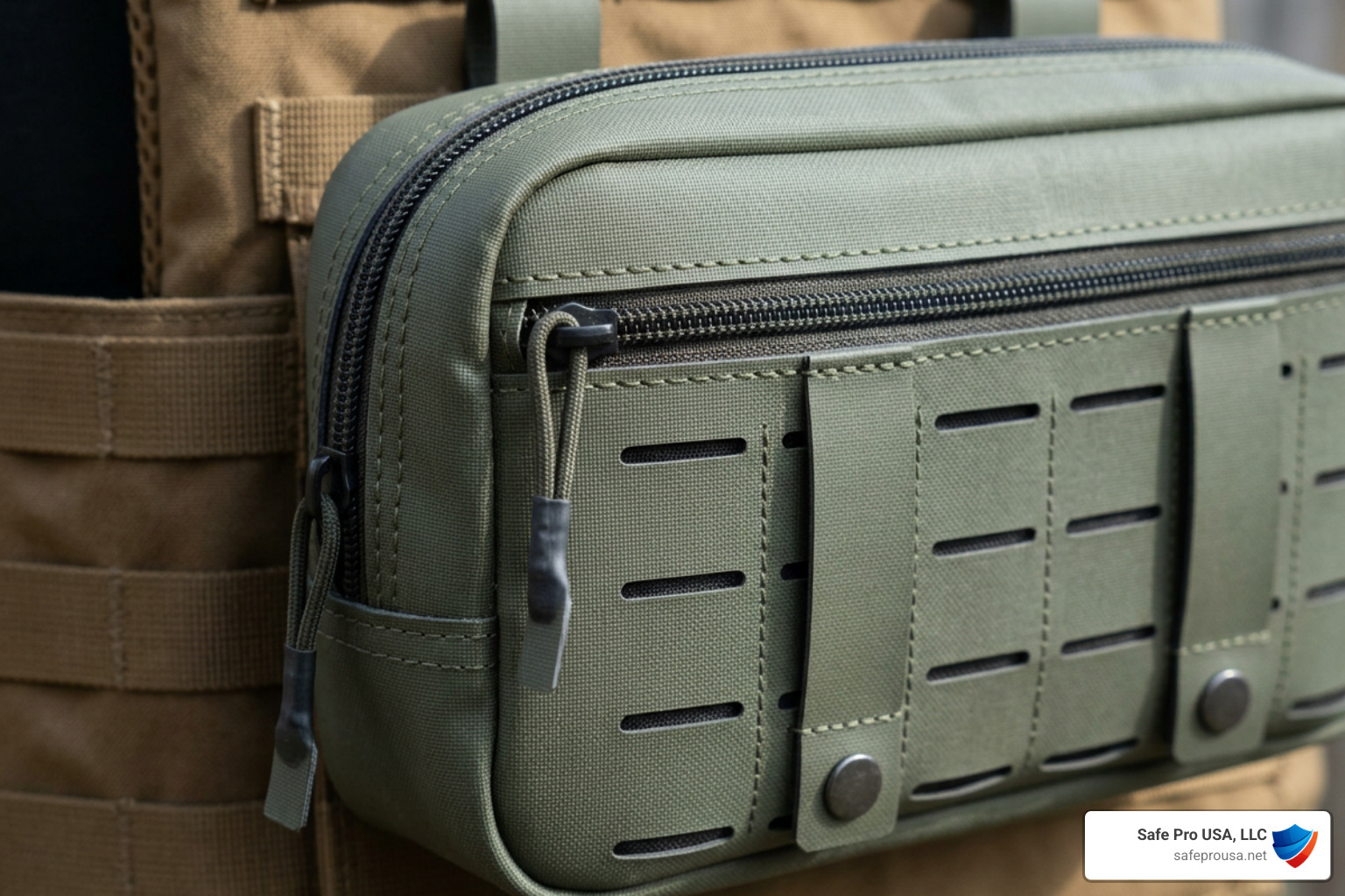 Close-up of laser-cut MOLLE pouch showing laminate fabric and precision stitching Close-up of laser-cut MOLLE pouch showing laminate fabric and precision stitching