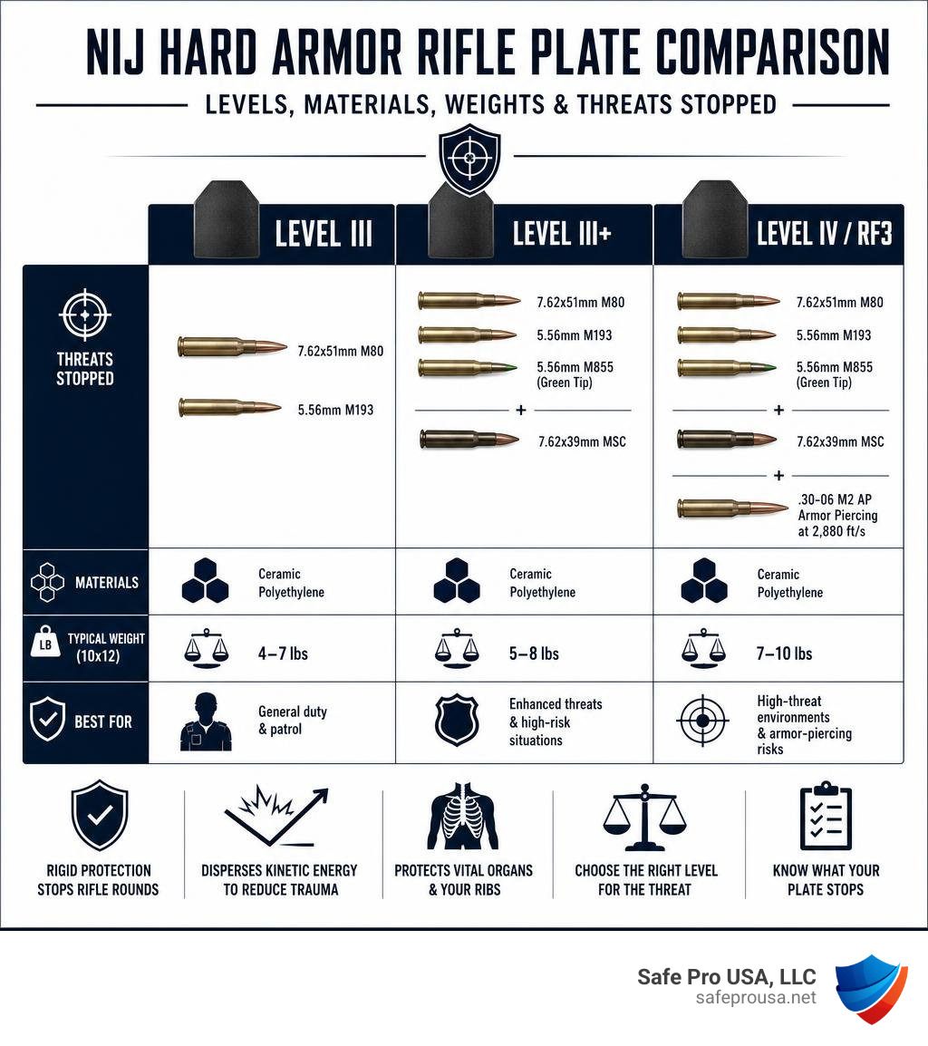 Infographic comparing NIJ hard armor rifle plate levels, materials, weights, and threats stopped infographic Infographic comparing NIJ hard armor rifle plate levels, materials, weights, and threats stopped infographic