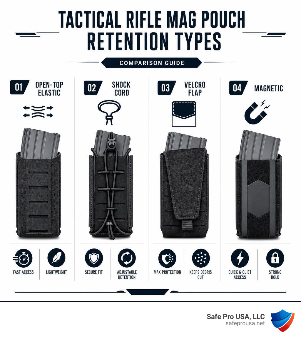 Comparison infographic of tactical rifle magazine pouch retention types: open-top elastic, shock cord, velcro flap, and Comparison infographic of tactical rifle magazine pouch retention types: open-top elastic, shock cord, velcro flap, and