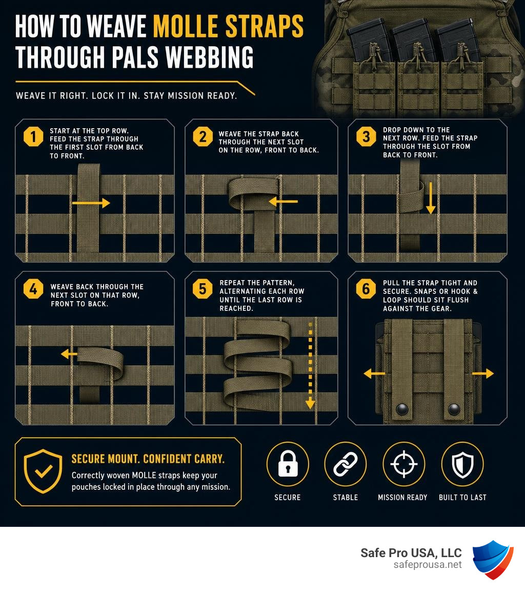 Infographic demonstrating how to weave MOLLE straps correctly through PALS webbing for a secure mount infographic Infographic demonstrating how to weave MOLLE straps correctly through PALS webbing for a secure mount infographic