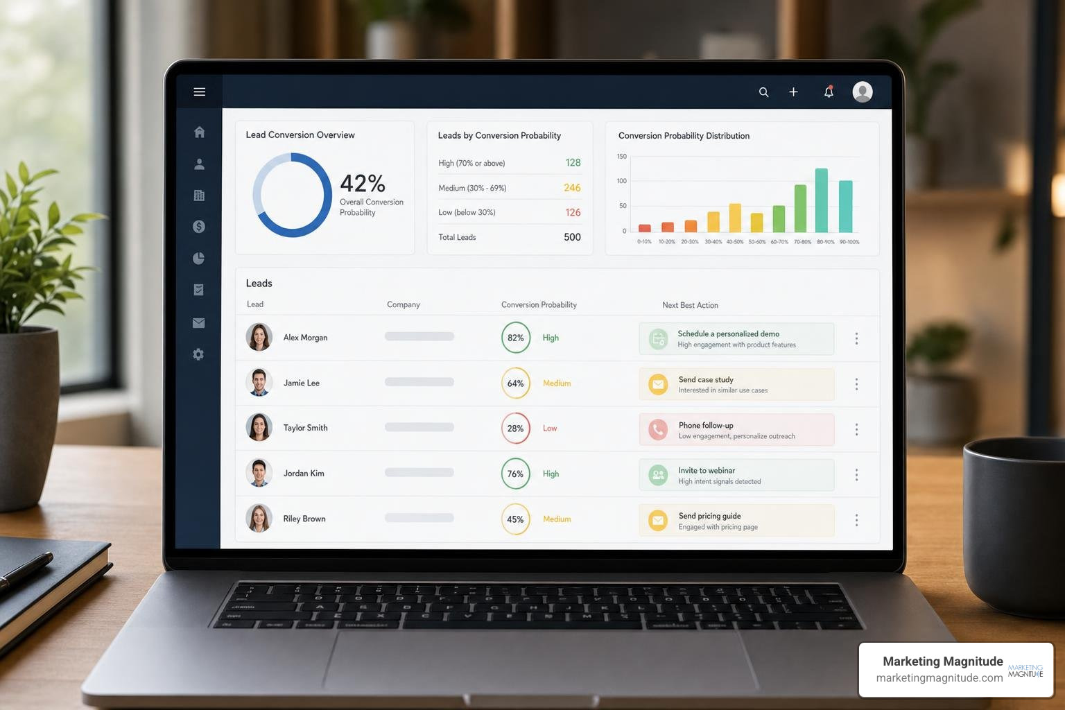 AI CRM predictive analytics interface displaying lead conversion probability and next-best-action recommendations AI CRM predictive analytics interface displaying lead conversion probability and next-best-action recommendations