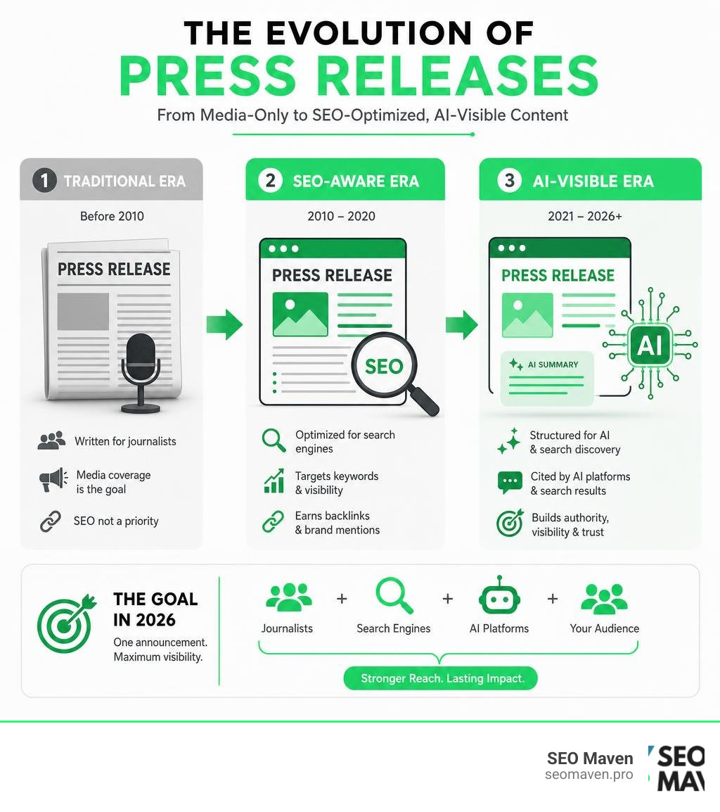 Infographic showing the evolution of press releases from traditional media-only announcements to SEO-optimized, AI-visible Infographic showing the evolution of press releases from traditional media-only announcements to SEO-optimized, AI-visible