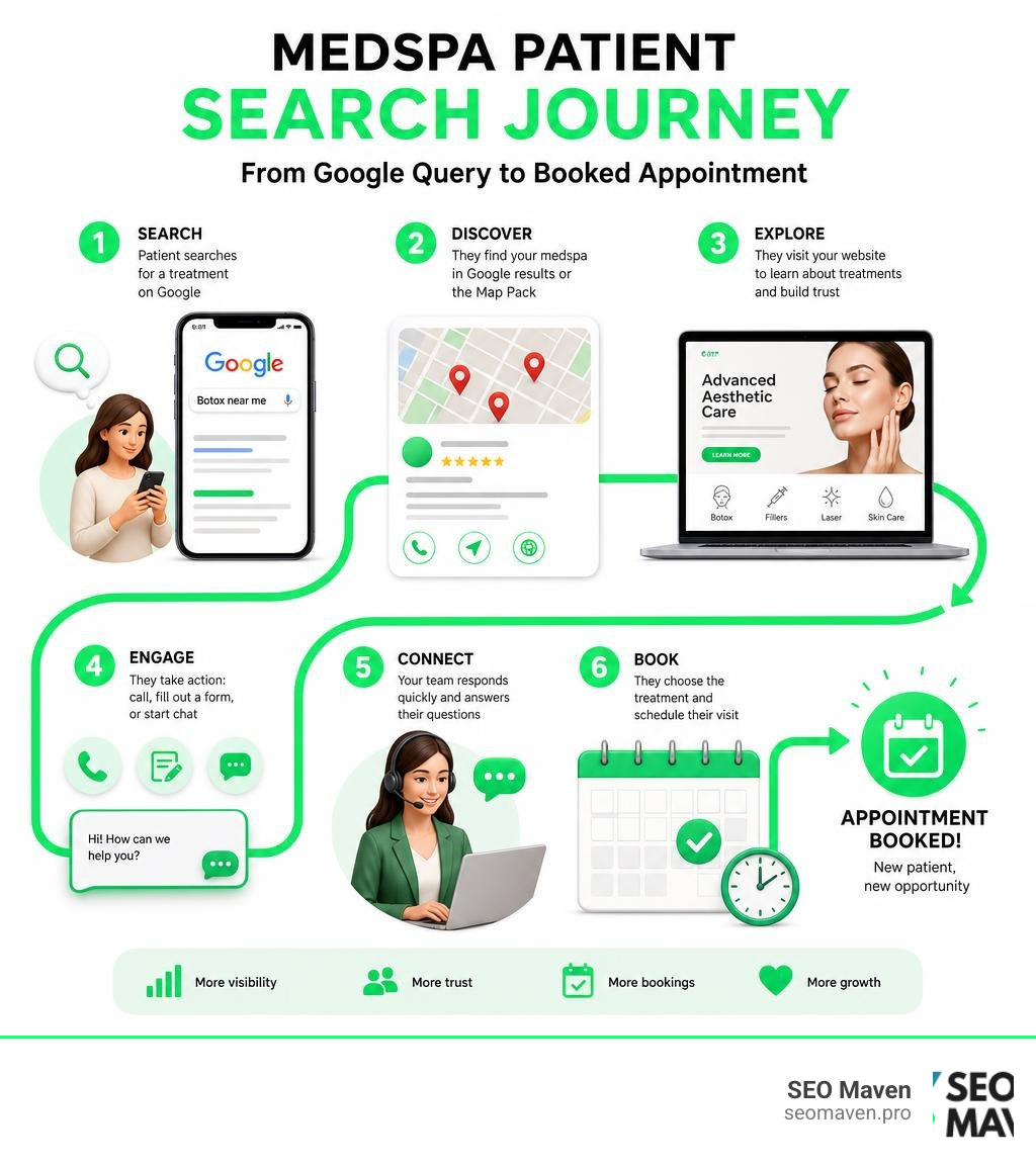 Medspa patient search journey from Google query to booked appointment infographic infographic Medspa patient search journey from Google query to booked appointment infographic infographic