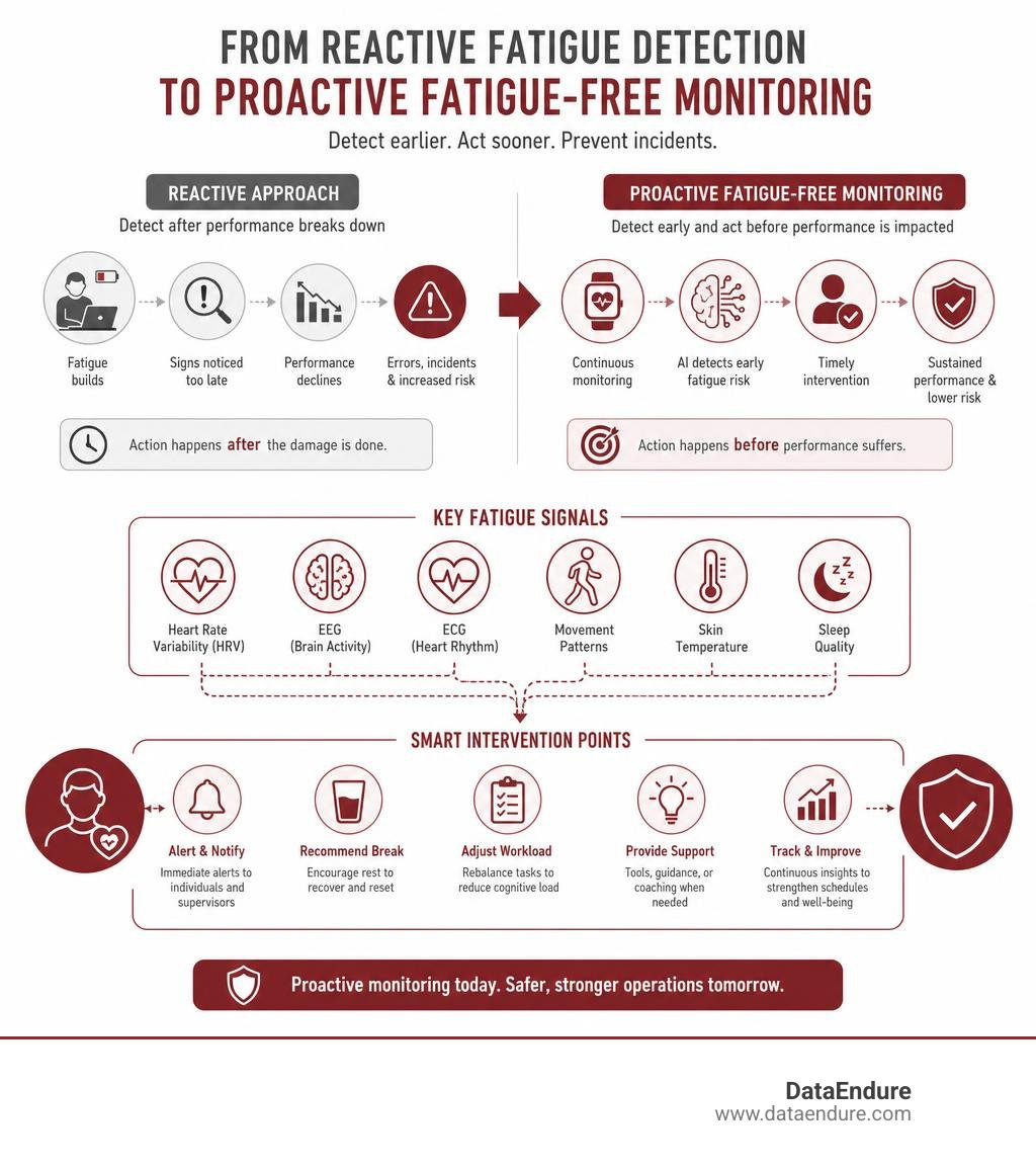 Infographic showing the shift from reactive fatigue detection to proactive fatigue-free monitoring with key signals and Infographic showing the shift from reactive fatigue detection to proactive fatigue-free monitoring with key signals and