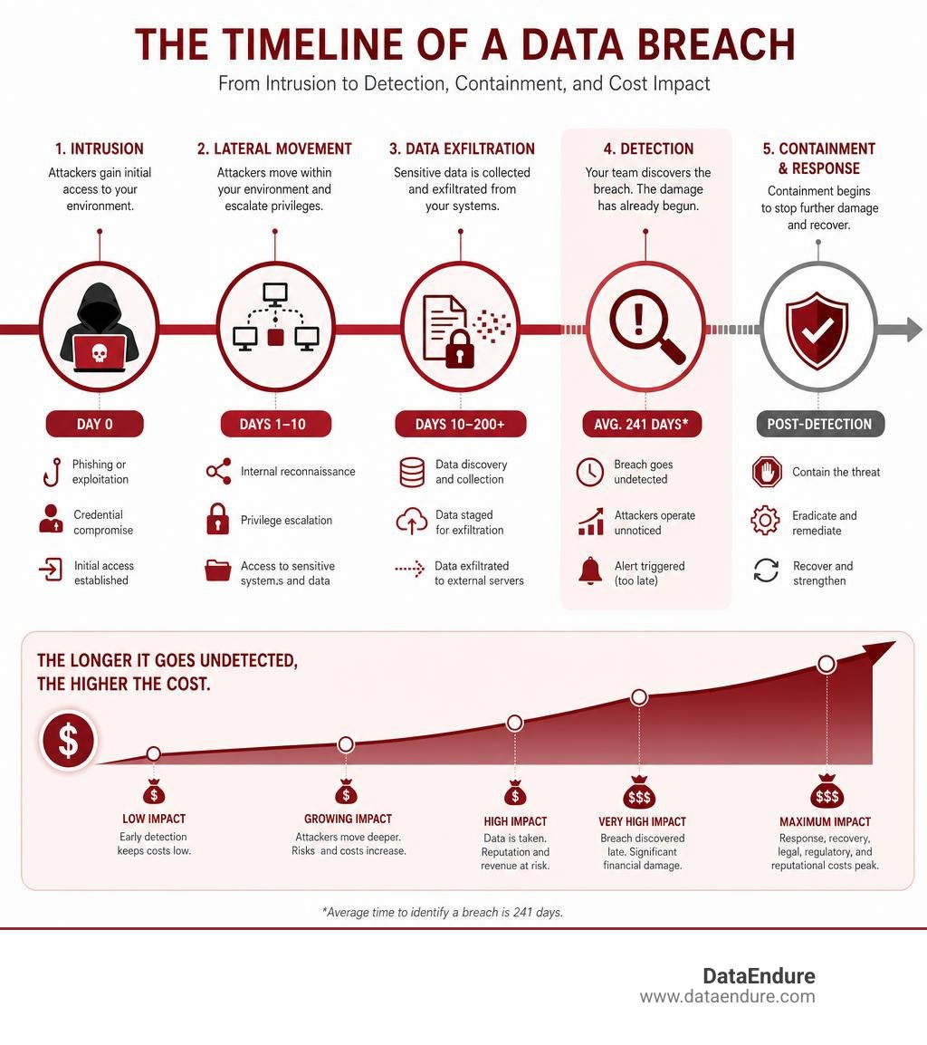 Timeline of a data breach from intrusion to detection to containment and cost impact infographic Timeline of a data breach from intrusion to detection to containment and cost impact infographic