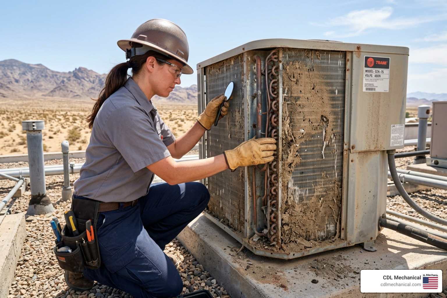Technician inspecting a worn-out condenser coil in the desert heat