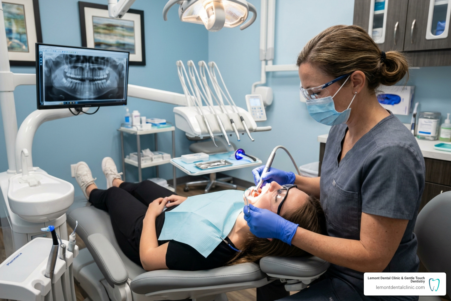 Dentist performing a composite filling on a patient's cavity