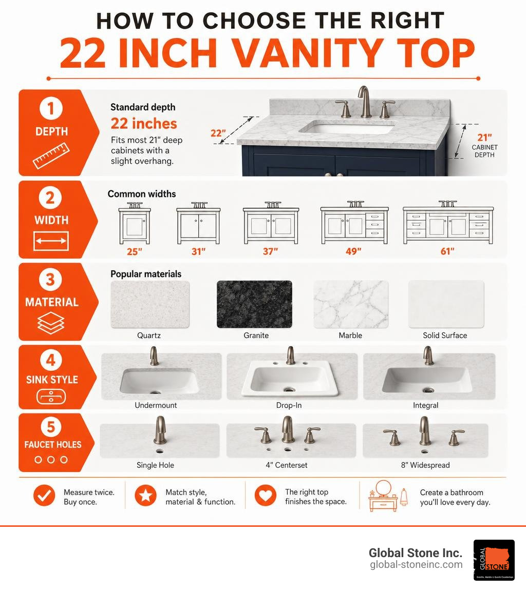 Infographic showing how to choose a 22 inch vanity top: depth, width, material, sink style, and faucet holes infographic