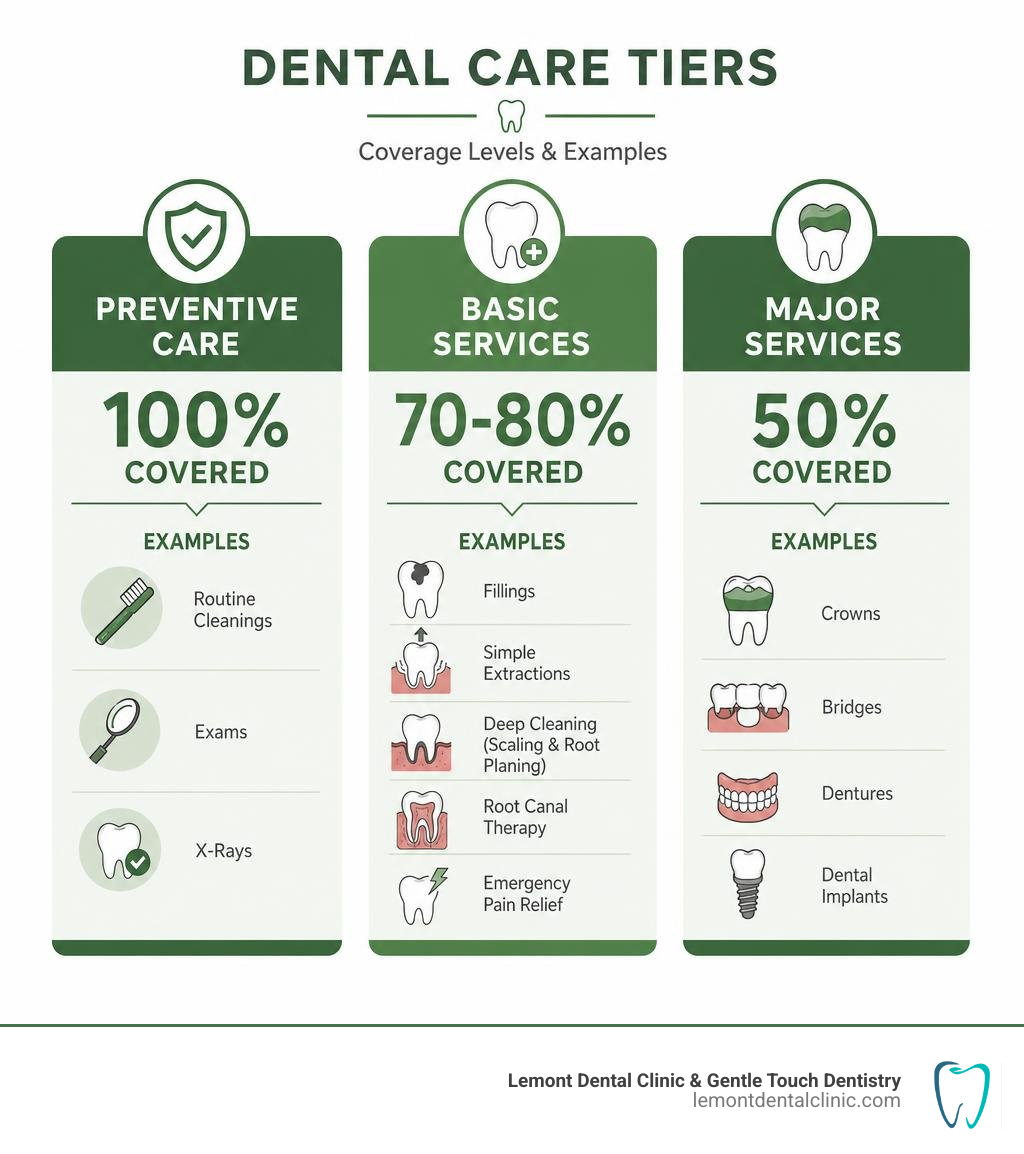 Infographic showing three dental service tiers: preventive 100% covered, basic 70-80% covered, major 50% covered with