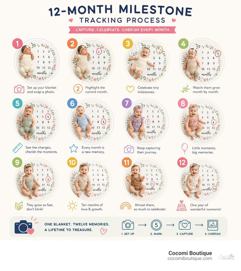 Infographic showing the 12-month milestone tracking process with a muslin blanket infographic