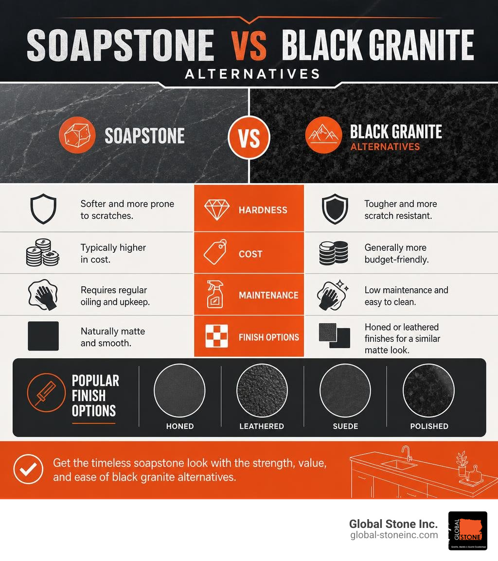 Infographic comparing soapstone vs black granite alternatives: hardness, cost, maintenance, and finish options infographic
