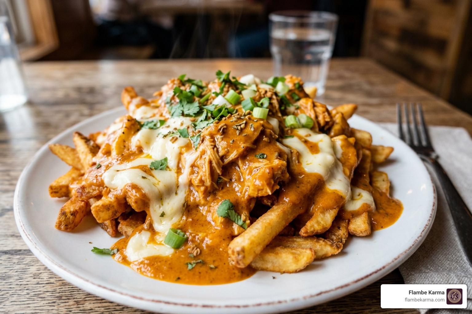 A delicious plate of crispy french fries topped with rich butter chicken gravy and melted cheese curds