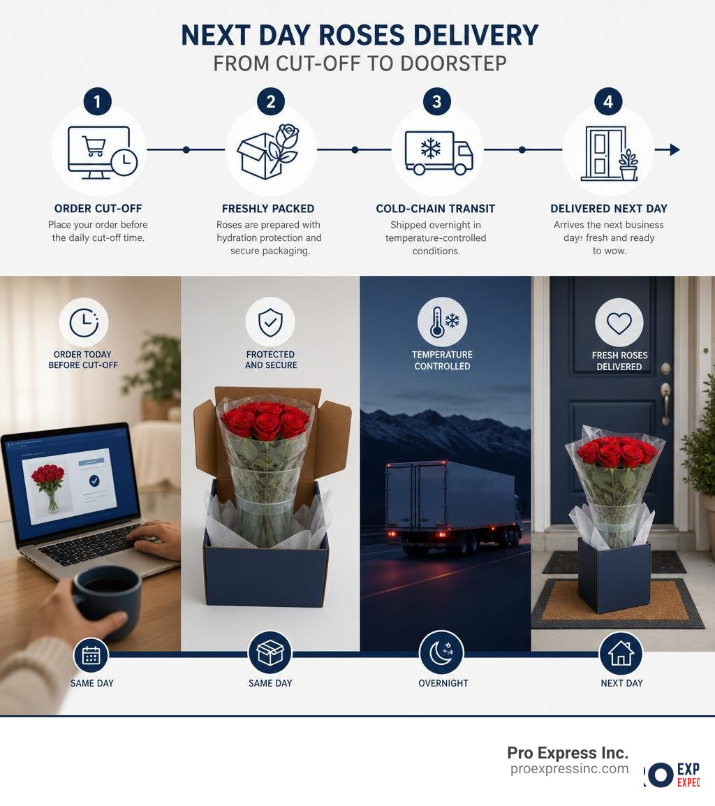 Infographic showing next day roses delivery logistics steps from order cut-off to cold-chain transit to doorstep delivery Infographic showing next day roses delivery logistics steps from order cut-off to cold-chain transit to doorstep delivery