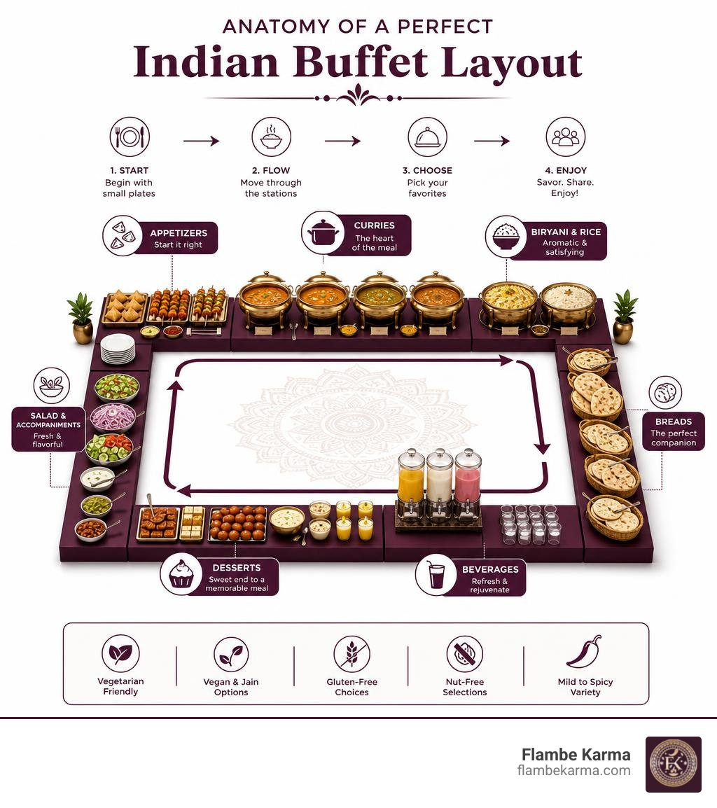 Anatomy of a perfect Indian buffet layout infographic showing stations and dish categories infographic