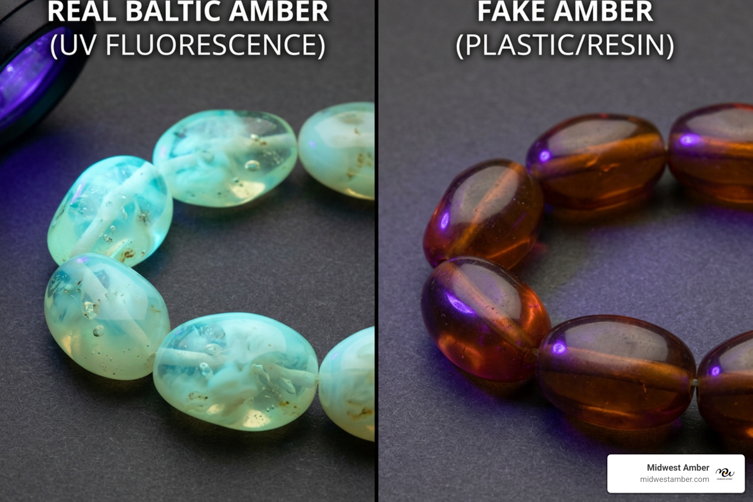 fake amber vs real amber under blacklight