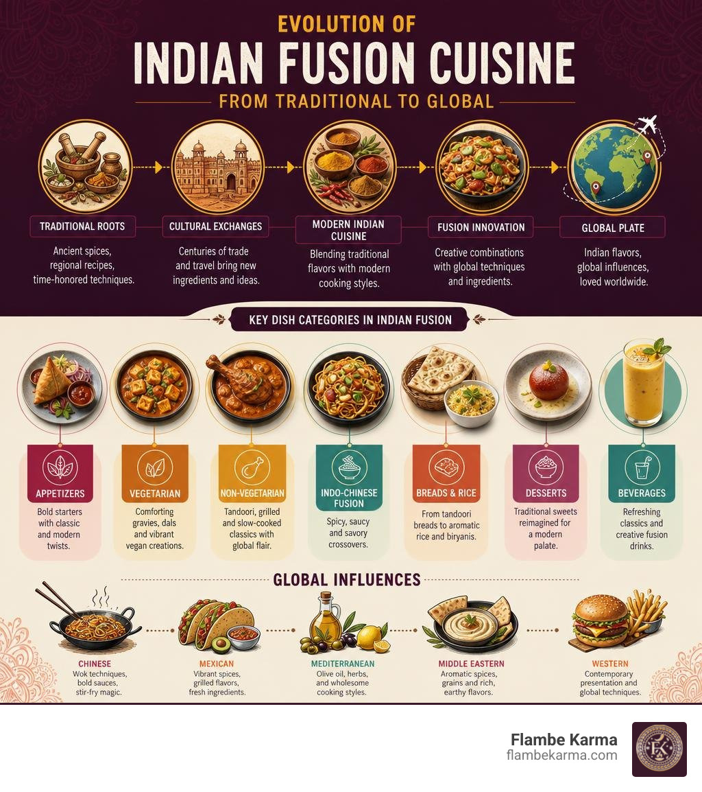 Evolution of Indian fusion cuisine from traditional to global, showing key dish categories and influences infographic