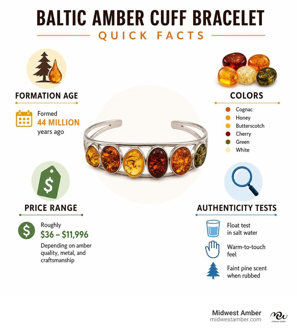 Infographic: Baltic amber cuff bracelet quick facts — formation age, colors, price range, authenticity tests infographic Infographic: Baltic amber cuff bracelet quick facts — formation age, colors, price range, authenticity tests infographic